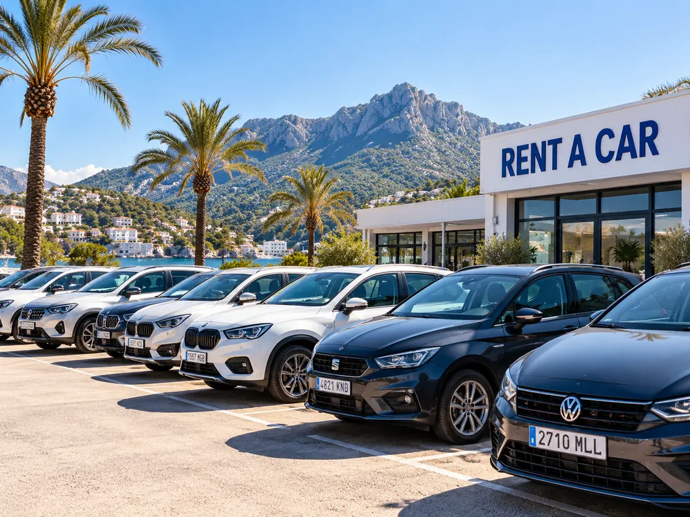 Coches de alquiler aparcados en fila